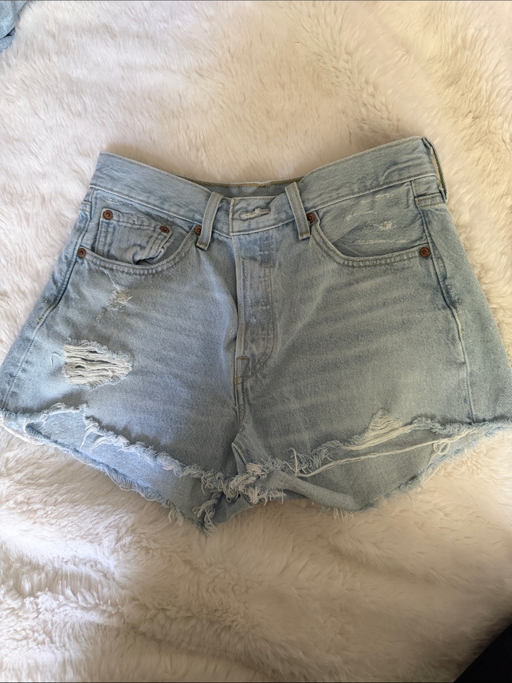 Levi's Light Blue Distressed High-Rise Denim Shorts
